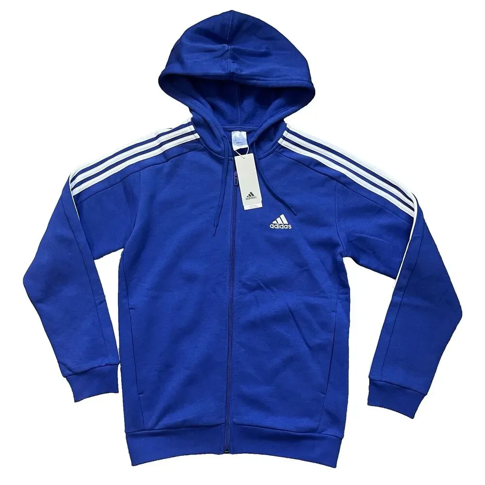 NWT Adidas Essentials French Terry 3-Stripes Full-Zip Hoodie Royal Blue Sz Small